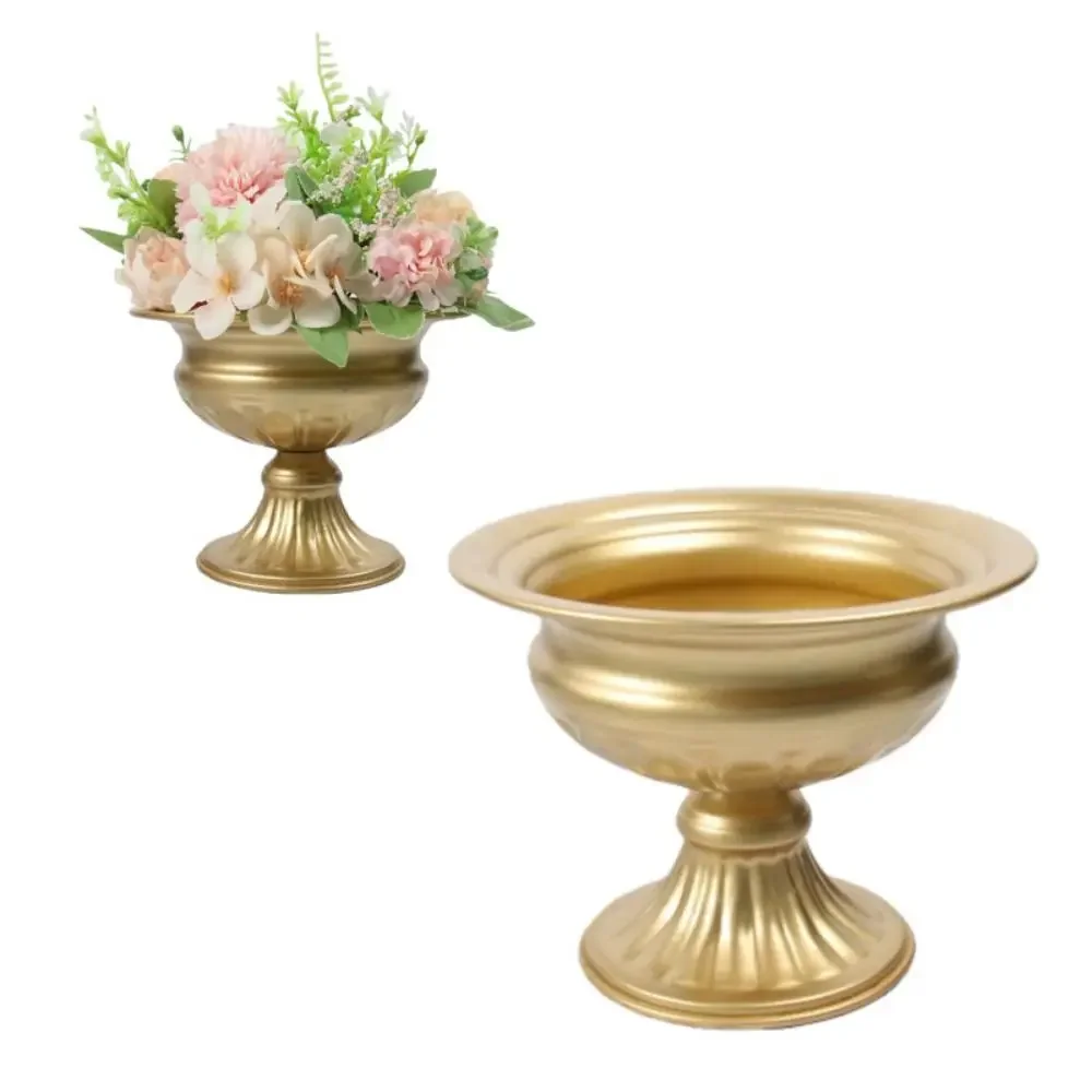 HLH Ornaments Retro Flower Vase High-footed Metal Urn-shaped Vase Elegant Luxury Flower Pots Table Decorations