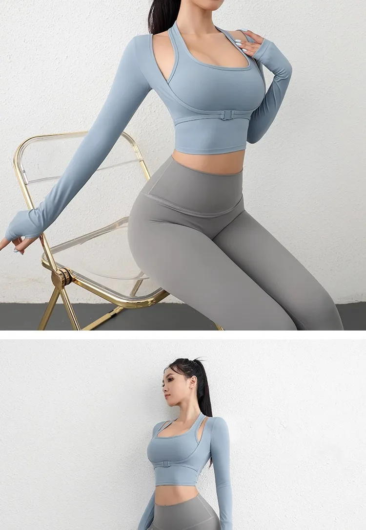 Herbst Sport Damen Oberteile Modische Langarm-Trainings-Tops mit Daumenlöchern Fitness Crop Yoga-Top – Detail 22