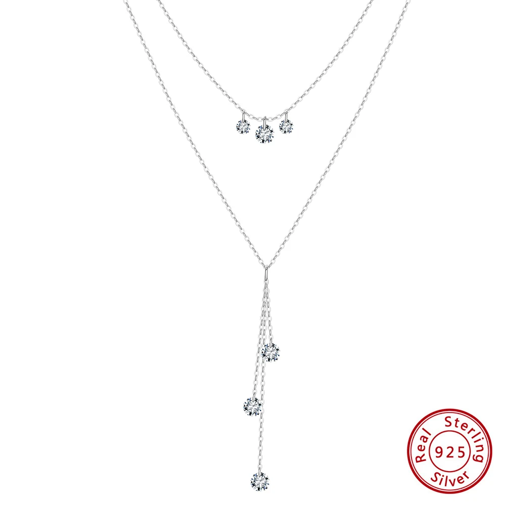 KISS MANDY 925 Pure Silver Y-shaped Necklace Shiny Zircon for Women Double Layered Long Chain Stacking Choker Jewelry Gift BQN20