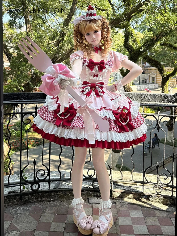 

Sweet Girl's Gorgeous Princess Dress Strawberry Cute Ancient Feeling Short Sleeve Lolita Sweet High Waist A-line Dress