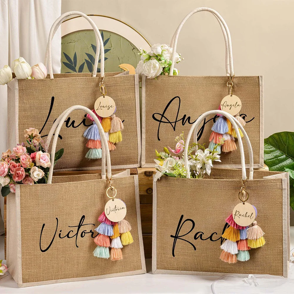 Soft Linen Tote With White Sides Custom Love Gift For Wedding Guest With Name And Date Large Capacity Tote