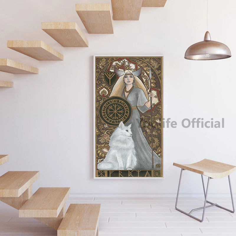 فريا المشارك أنثى المحارب آلهة قماش اللوحة Vegvisir الأيسلندية ستاف الفن طباعة فريجا امرأة جدار صورة ديكور غرفة المنزل #4