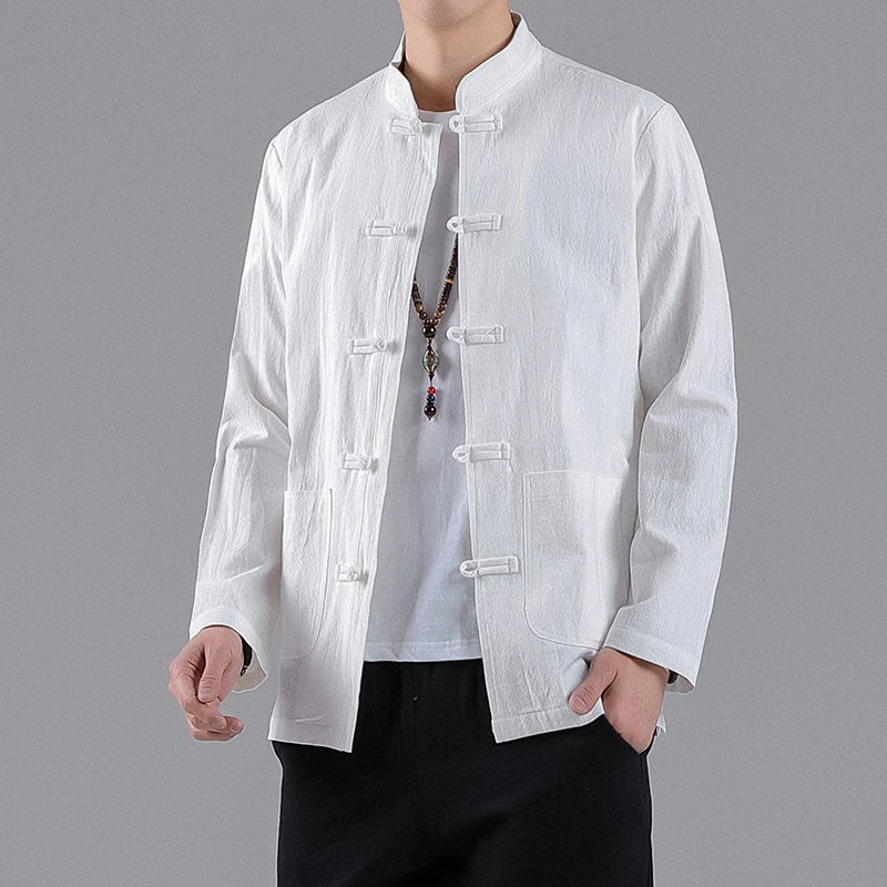 Cotton Line Fashion Men's Shirt Stand Collar Solid Color Loose Man Shirt Oversized Spring Summer Long Sleeve Big Size 5XL