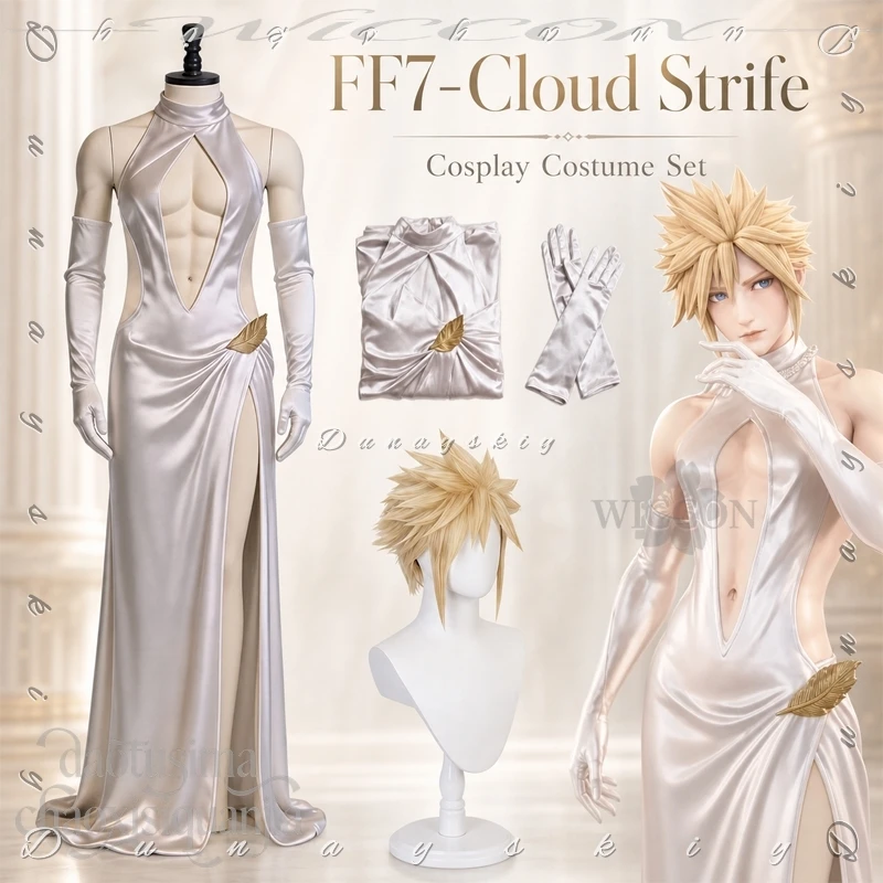 Costume Cloudoud, Robe de mariée à fente haute, Robe de soirée, Gants, Perruques Lolita classiques, Fête d'Halloween, Cosplay, Anime, Jeu FF7