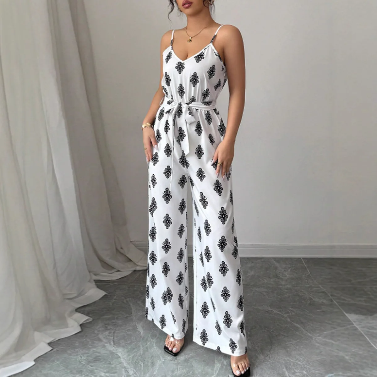 Moda outono nova chegada elegante montagem traseira-aberto impressão estilo gogo calças de macacão de perna larga