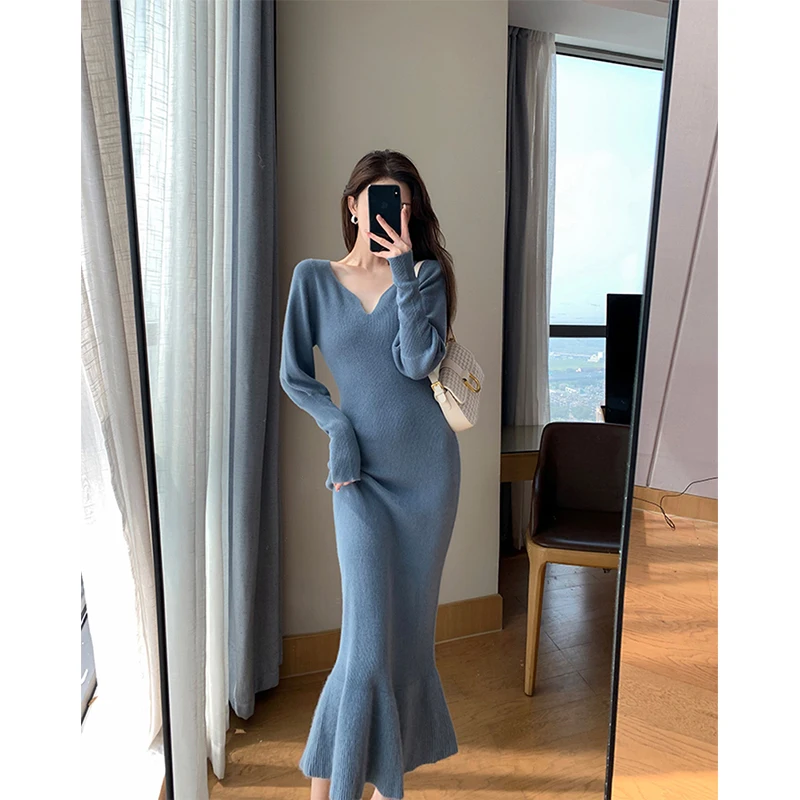 MEXZT Elegant Knitted Midi Dress Women Vintage V Neck Mermaid Sweater Dresses Winter Korean Long Sleeve Bodycon Trumpet Vestidos