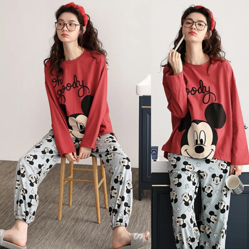 Women Disney Mickey Pajamas Pyjamas Set Sleepwear Pijama Cute Pajamas Suit Female Sleep Two Piece Set Lady Loungewear Plus Size