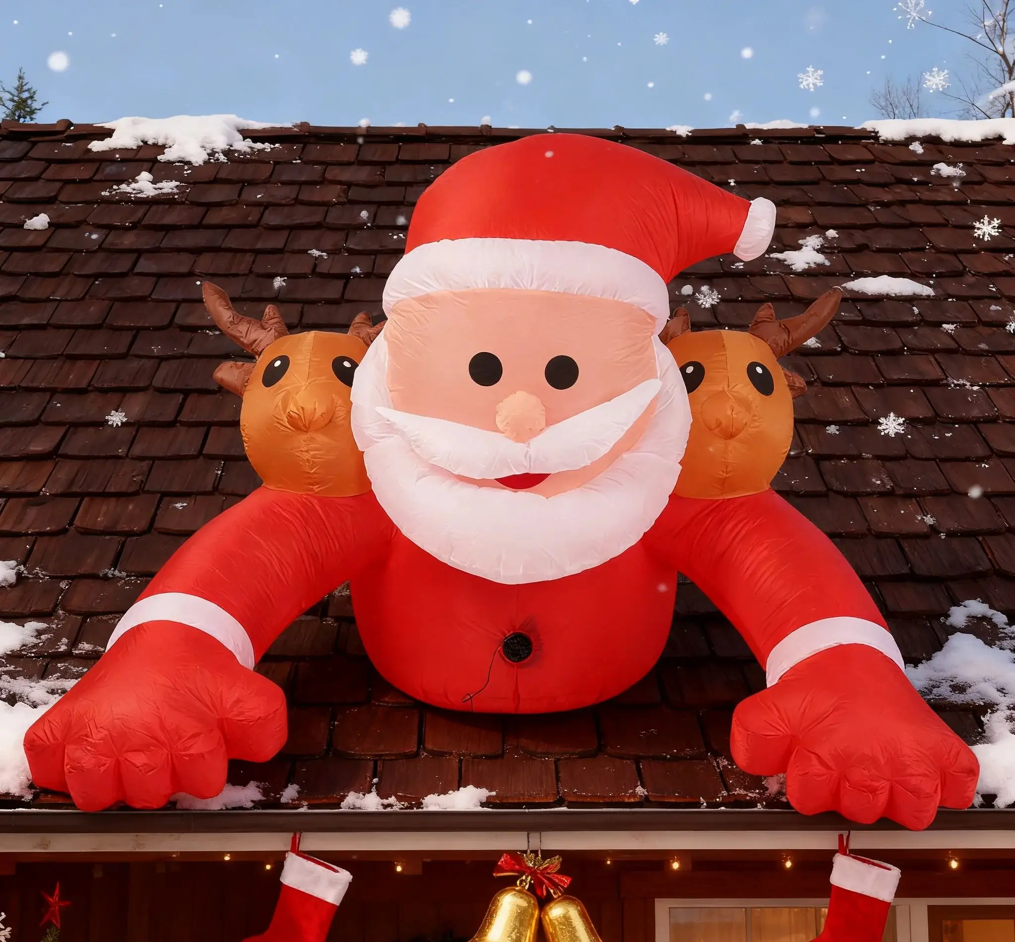 Inflatable Santa Claus lying on the roof with two deer on his shoulders for  Christmas festival indoor outdoor yard garden
