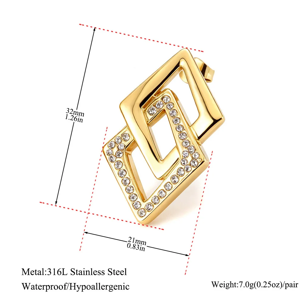 JeeMango Geometrische Doppel-Rhombus-Zirkon-Ohrringe für Damen, Edelstahl, goldfarben, Kristall-Ohrring, Modeschmuck, E26089 – Detail 1