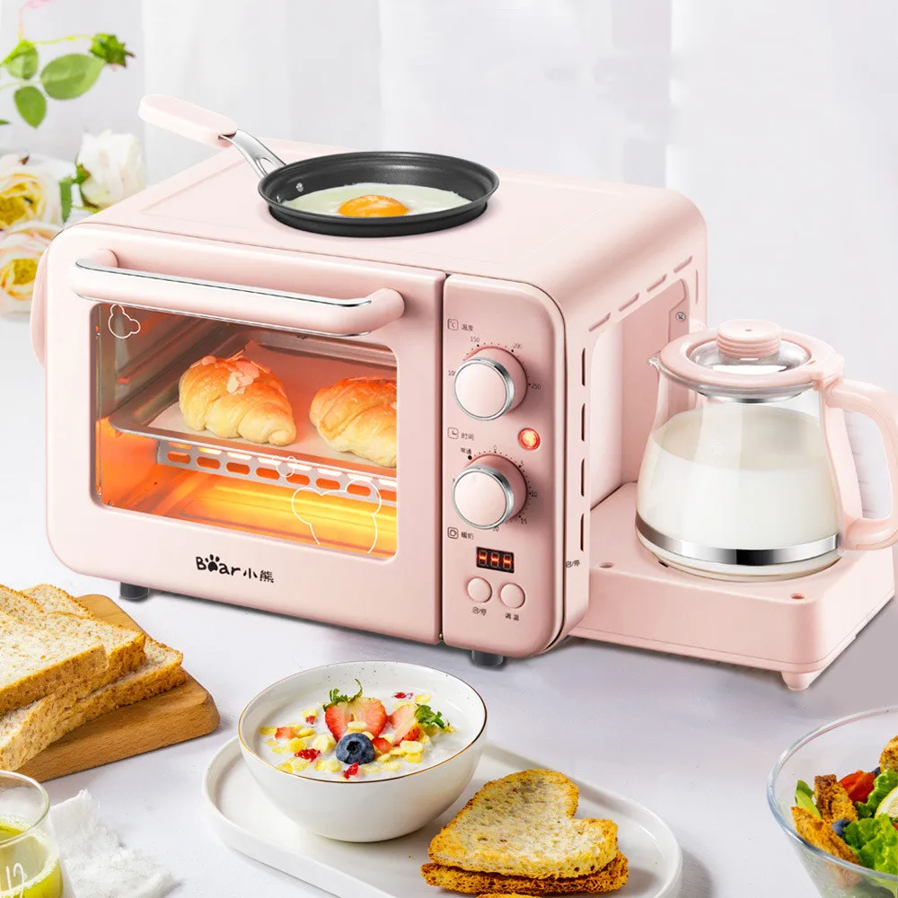 Máquina de desayuno Tostadora Horno pequeño Leche caliente 3 en 1 Máquina para hacer pan rosa multifuncional para desayuno