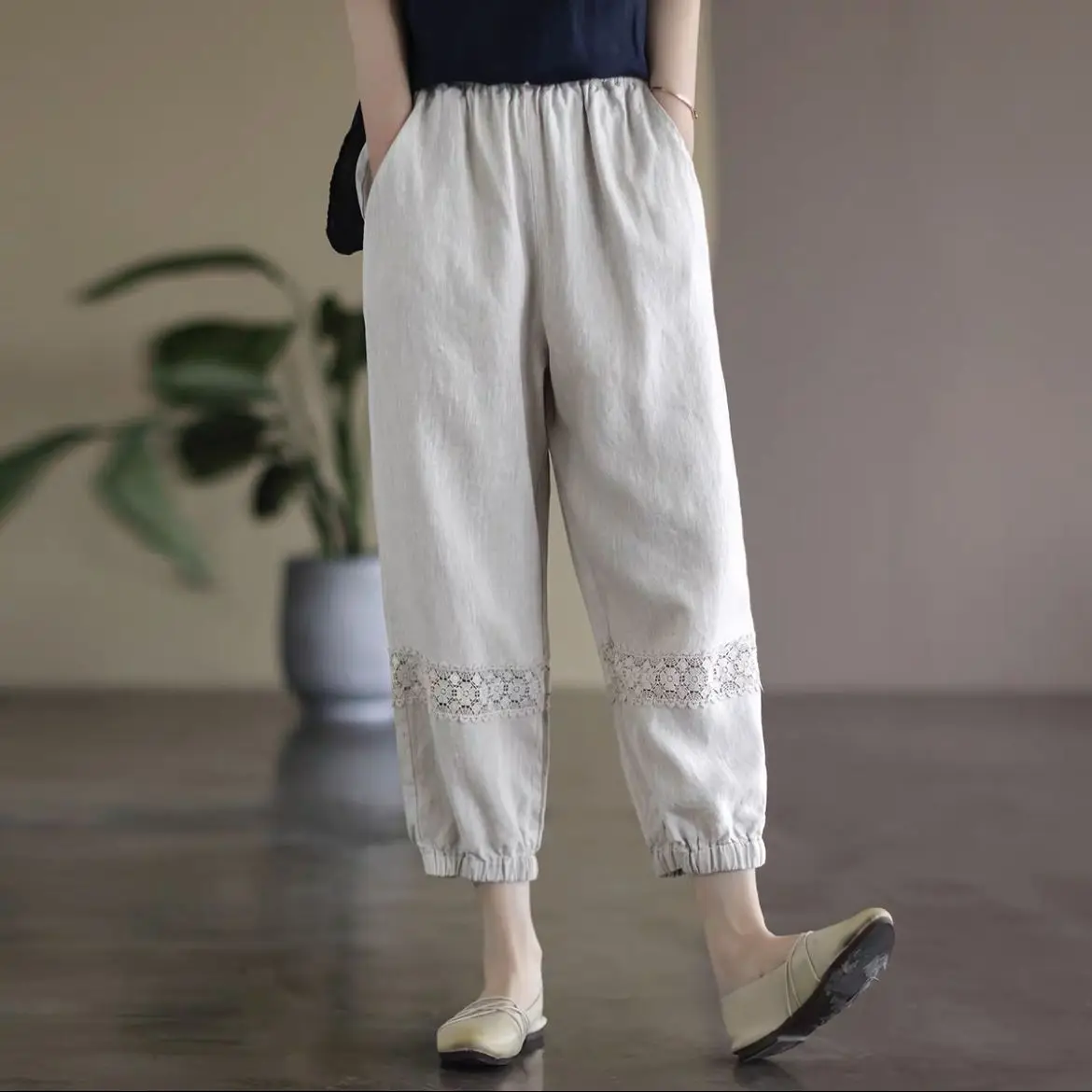 

Cotton Linen Pants for Women Summer Solid lace cropped pants with Splicing style Trousers High Waist Soft Lantern Pants Z356