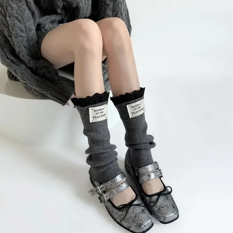 

Grey Ruffle Socks Stockings Women Legs Warmers Knitted Foot Cover Long Socks Lolita Leg Warmers Korean Style Solid Autumn Winter
