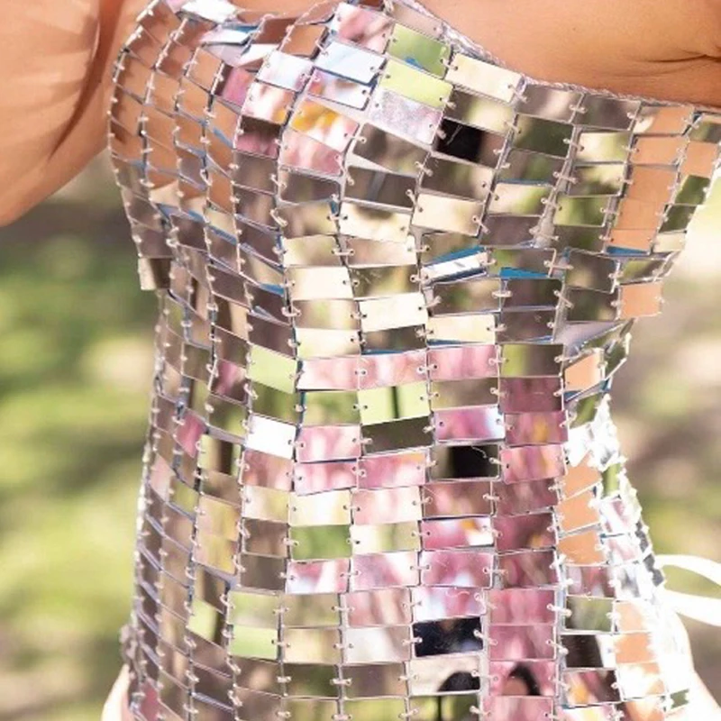 Top de Jazz con espejos completos, lente plateada cosida a mano, corsé de espina de pescado, ropa de baile en barra para mujer, Bar, DJ, ropa puesta en escena XS9866