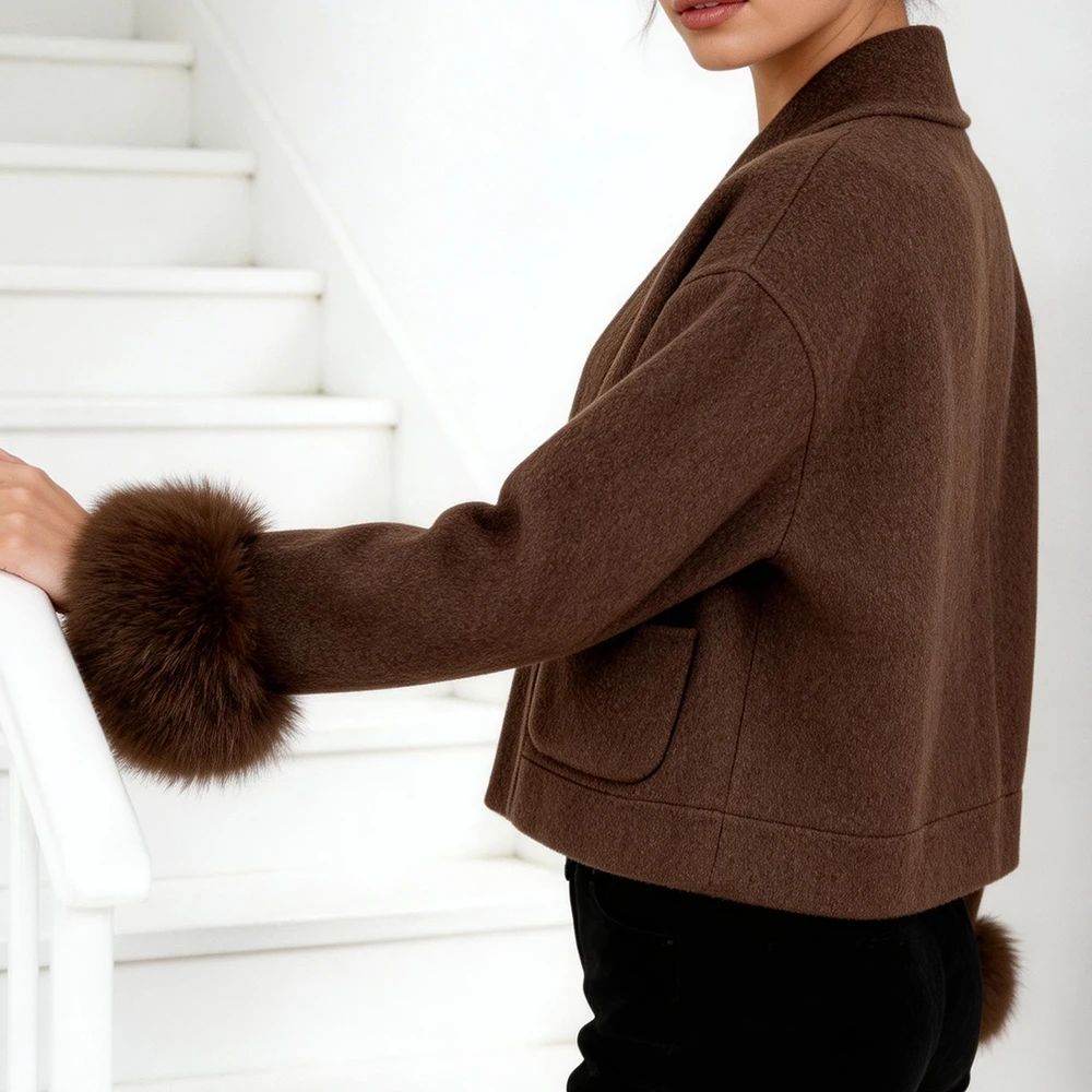 OFTBUY Elegante Warme Oberbekleidung Damen Luxus Doppelseitiger Wollmantel Winter Offene Fronttasche Echte Fuchspelz-Manschetten Wollmantel – Detail 11