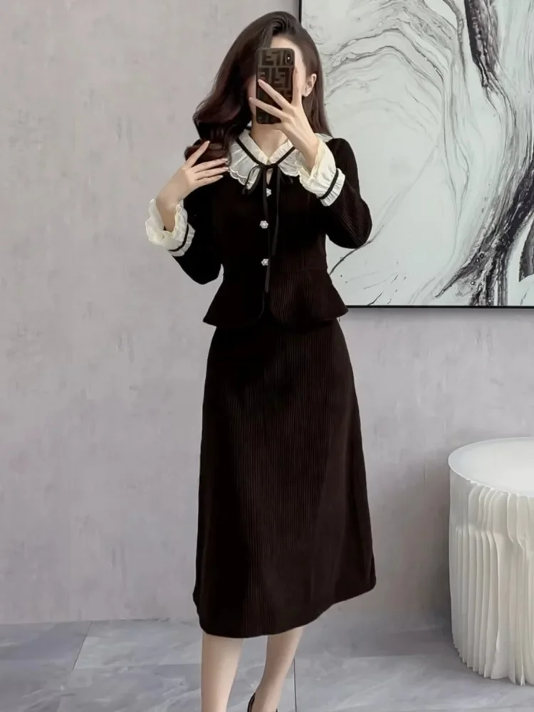 Insozkdg Autumn Winter 2024 New Corduroy Single Breasted Coat Long Skirt Two-Piece Set Fashion Suits Women's Hot Selling Fashion