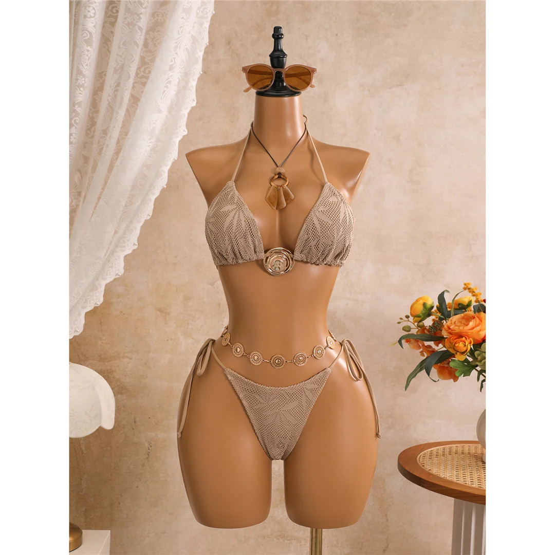 Mit Sarong-Blättern bedruckter Neckholder-Bikini, Damen-Badeanzug, dreiteiliges Bikini-Set, Badebekleidung, Badeanzug, Schwimmanzug V8367 – Detail 11