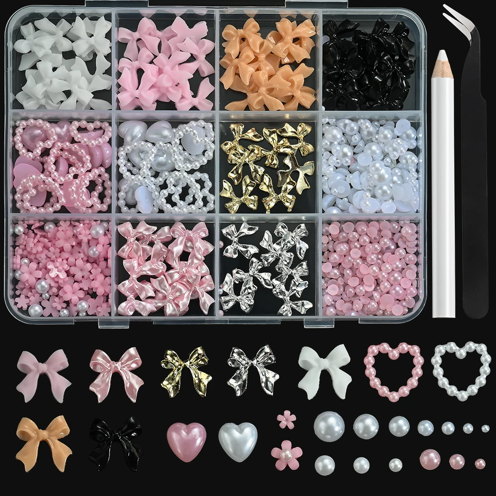 

12Grid Mixed Ribbon Bow Heart Nail Charms 3D Acrylic Flower Flatback Rhinestones Semicircle Pearls Bead with with Pen+Tweezers