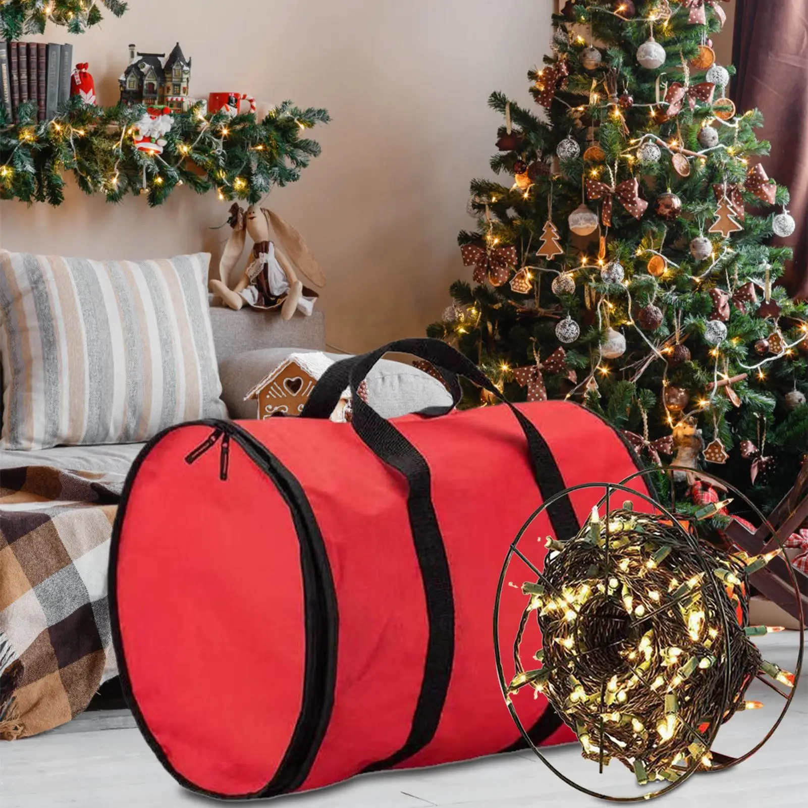 Rote Weihnachtslichterketten-Aufbewahrungstasche, 600D Oxford-Stoff, runde Weihnachts-Aufbewahrungstasche mit Griff, reißfeste Weihnachtslichter-Tasche