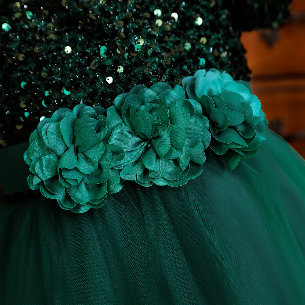 3-10Yrs Christmas Party Sequins Girls Dress Green Flower Birthday Wedding Princess Kids Dresses for Girl Bridemaids Evening Gown