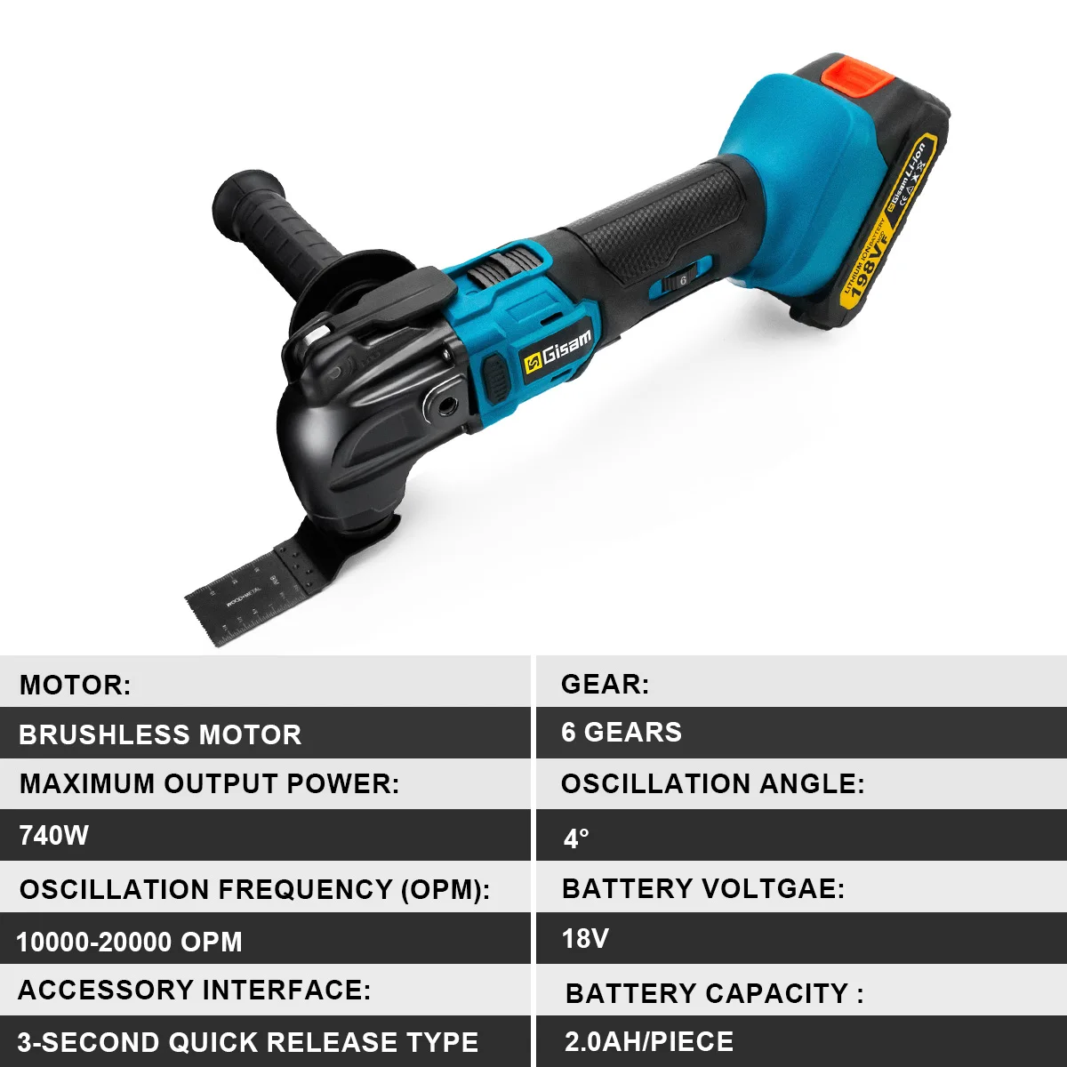 Gisam 20000OPM Brushless Oscillating Multi Tools Function Tool 6Gears Electric Saw Trimmer Shovel for Makita 18V Battery Pin