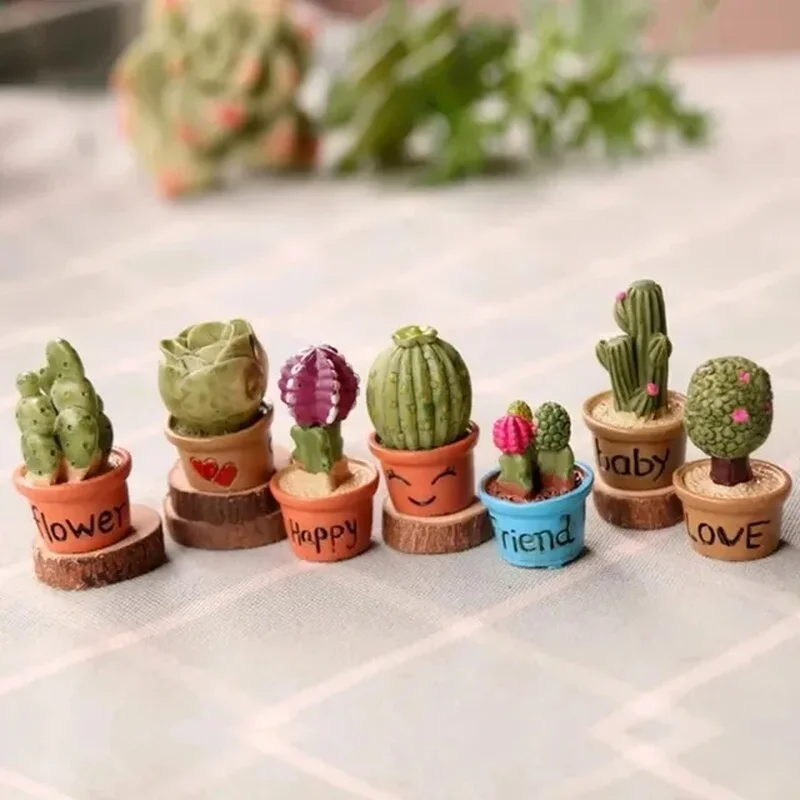 7pcs Tiny Succulents Cactus Figurines Fairy Garden Accessories Miniature Plants Pot For Terrarium Micro Landscape Desk DIY Decor