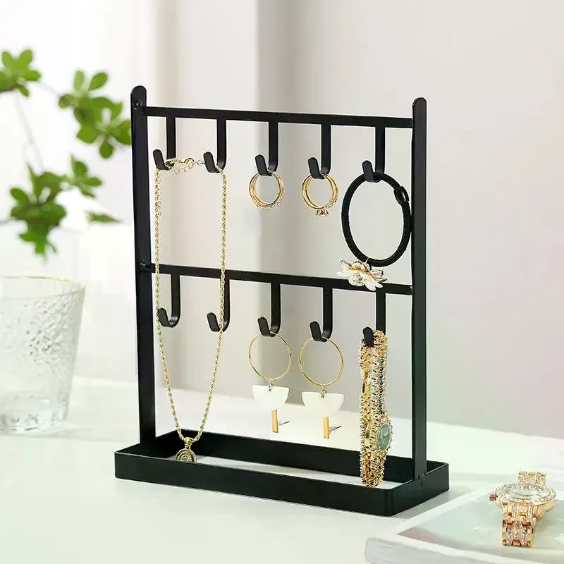 Metal Jewelry Display Stand 2 Tier Earring Necklace Holder Organizer Rack With Hooks And Tray