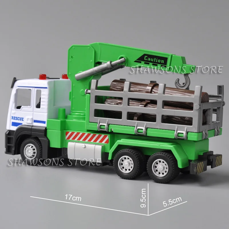 Diecast modelo caminhão brinquedo, log transportador, miniatura réplica puxar para trás, som e luz, 1:50