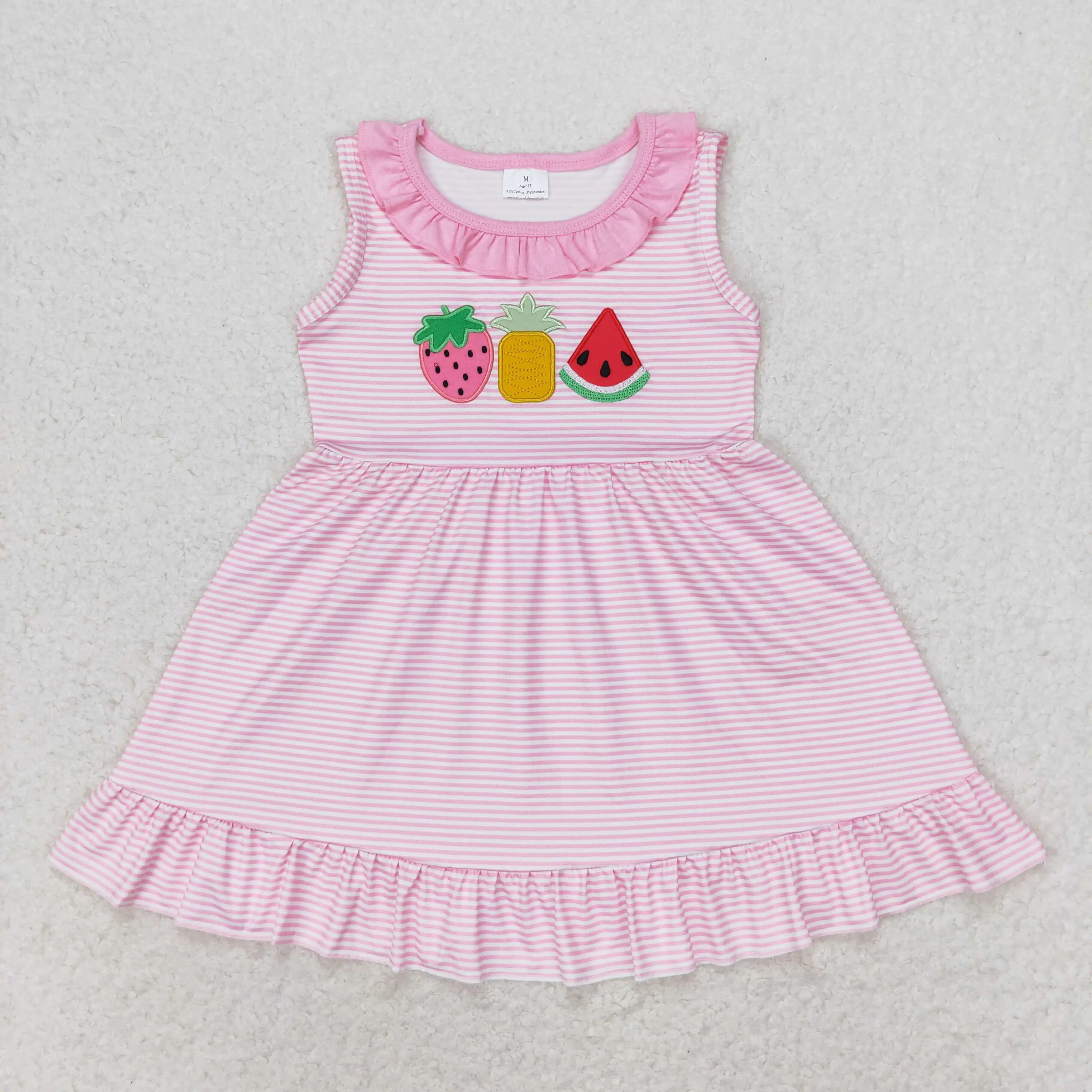 

z922-03 GSD1055 Wholesale baby girls dresses Embroidered Watermelon Striped Pink Lace Sleeve dresses Boutique clothes for girls