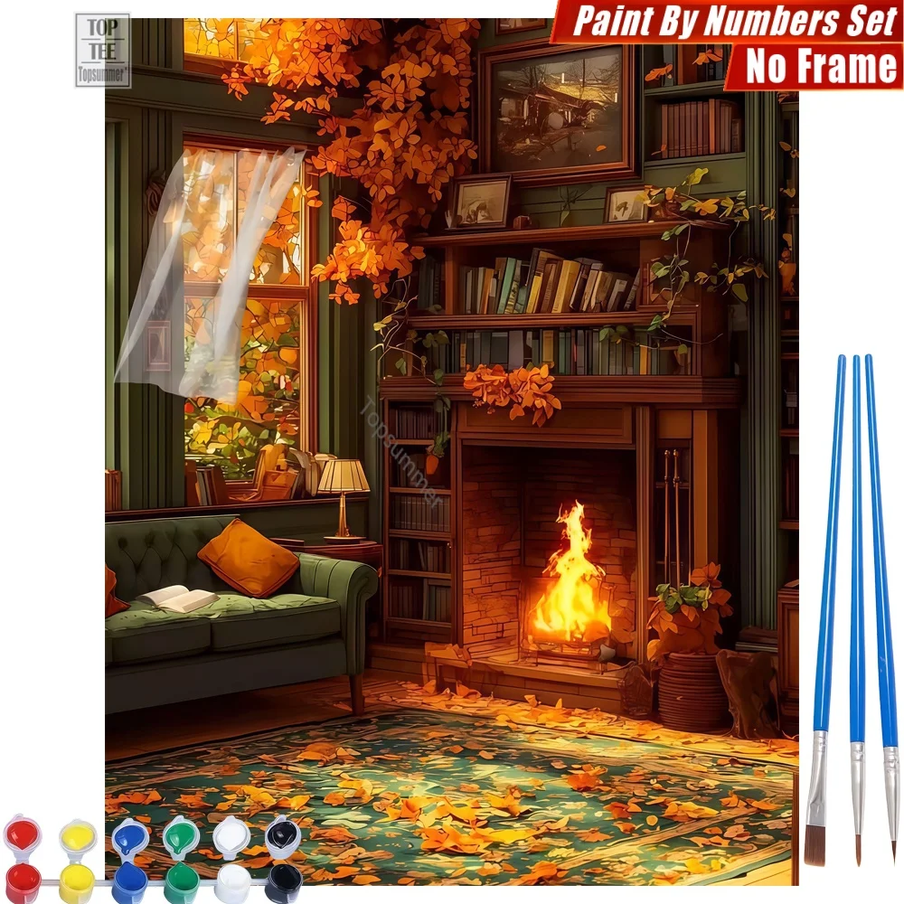 

Autumn living room Digital Oil Paints Kit - Fireplace burning cozy Home Activities Day Of The Dead Gift For Friend