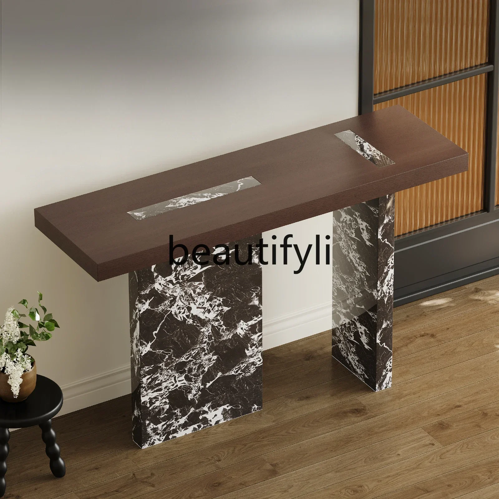 

Italian minimalist porch partition light luxury art marble veneer walnut leather