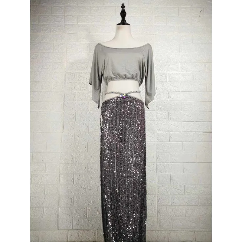 

Customized Temperament Grey Belly Dance Costumes Practice Dress Set