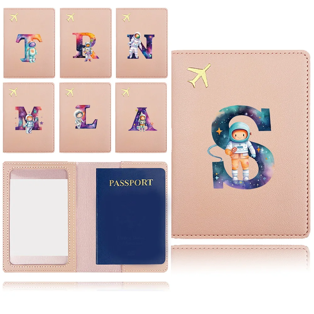 Pu Passport Case Airplane Travel Passport Cover Business Passport Clip Card Bank Card Organizer Cover Astronaut Letter Pattern