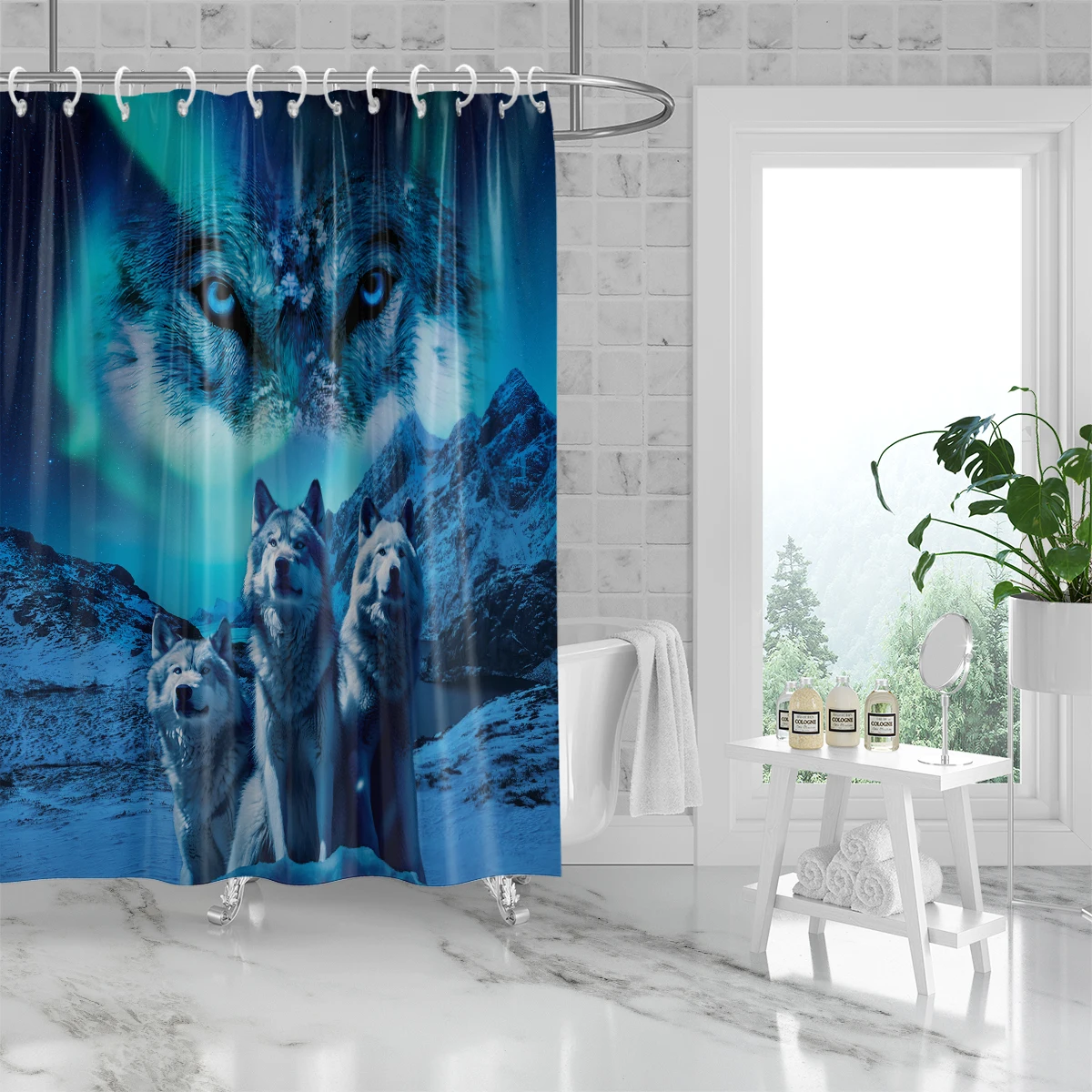 1pc Glacier Wolf Print Waterproof Shower Curtain Bathe Partition Privacy Hanging Curtain 12 Hooks Multi Size Machine Washable