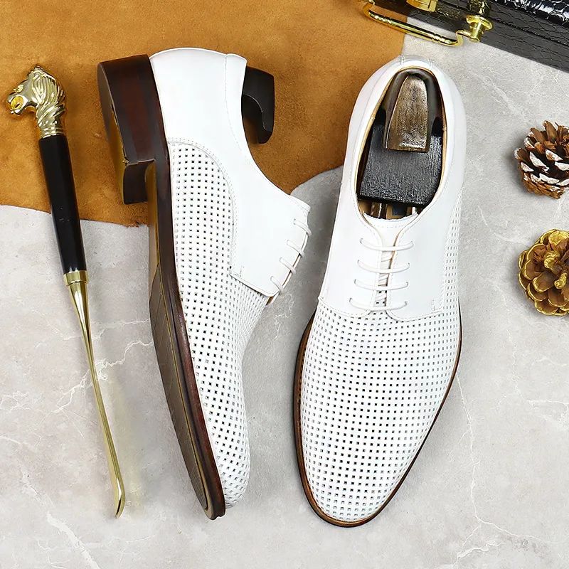 White Hollow Soft Sole Soft Surface Genuine Leather Oxford Shoes Men's Mesh Breathable Shallow Lace-Up Casual Leather Shoes