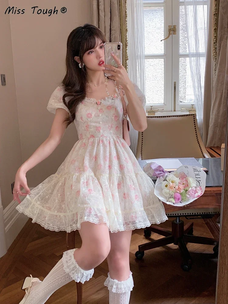 Floral Lace Korean Sweet Dress Women France Vintage Elegant Party Mini Dresses Female Print Casual Beach Boho Fairy Dress Summer