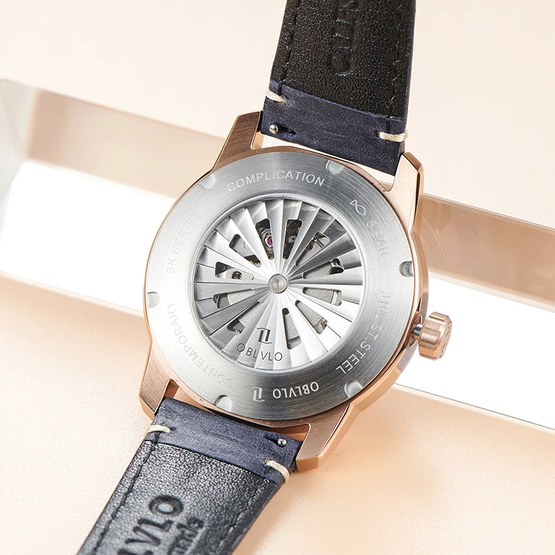 OBLVLO Top Brand Rose Gold Earth DIal Automatic Men Watch Analog Blue NIghtlight Leather Strap Mechanical Watches Rejos JM-EARTH