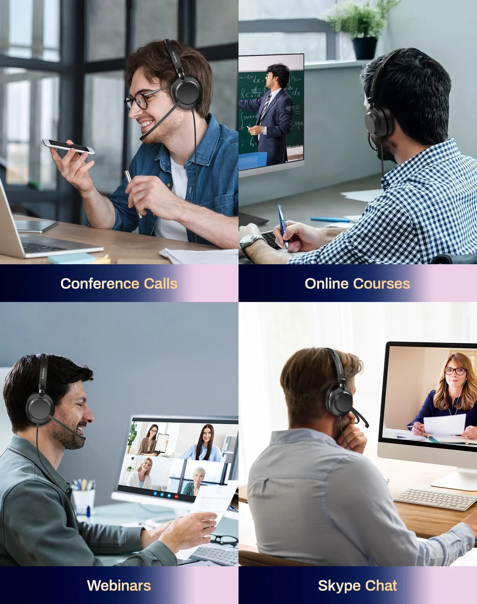 RownFusny USB Headset with Mic for PC Laptop Noise Reduction Wired Headphones in-Line Volume Control Call Answer Button R01S