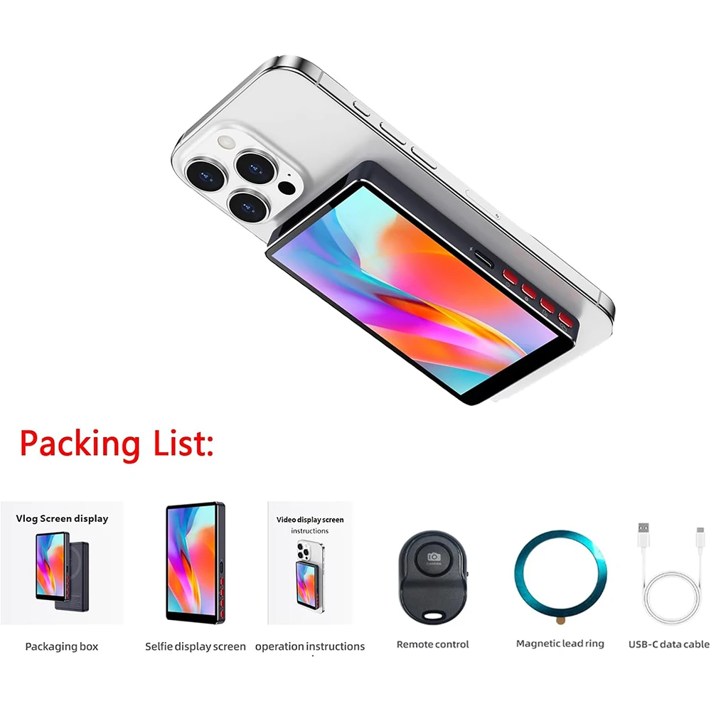 شاشة سيلفي مغناطيسية متنقلة لاسلكية لمدونة الفيديو تستخدم كاميرا خلفية للهاتف لمدونة سيلفي أو متوافقة مع البث المباشر. (مع مكبر الصوت))