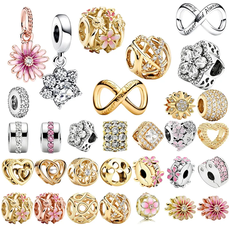 

New Original Charm Beads Sparkling Pink Daisy Flower Clip& Clear Sparkling Row Clip Bead Fit Pendant Bracelet Women Jewelry Gift