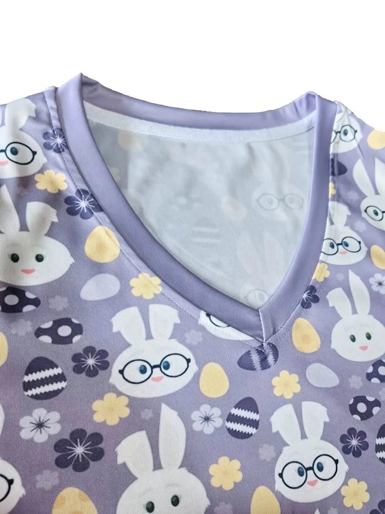 Easter Scrubs Uniform Woman Fashion Bunny Print V-Neck Vet Clinical Uniform Summer Short Sleeve with Pocket Nurse Uniform Woman