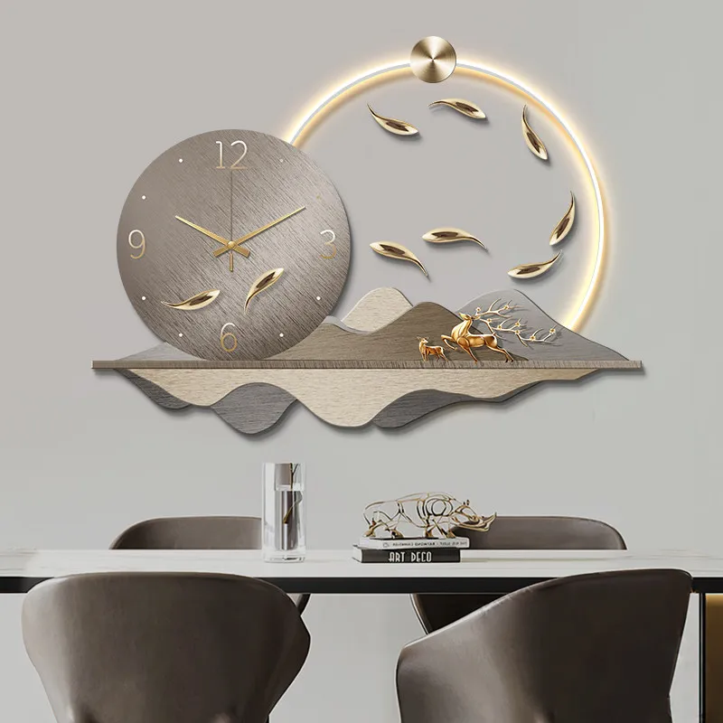 Living Room Decor LED Wall Clock Nine Fish Painting Restaurant Mute Digital Clock Background Wall Corridor Hang Watch Room Decor