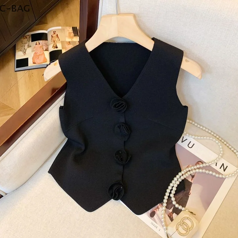 French Retro Three-dimensional Flower V-neck Single Breasted Sleeveless Slim Knitted Vest For Women