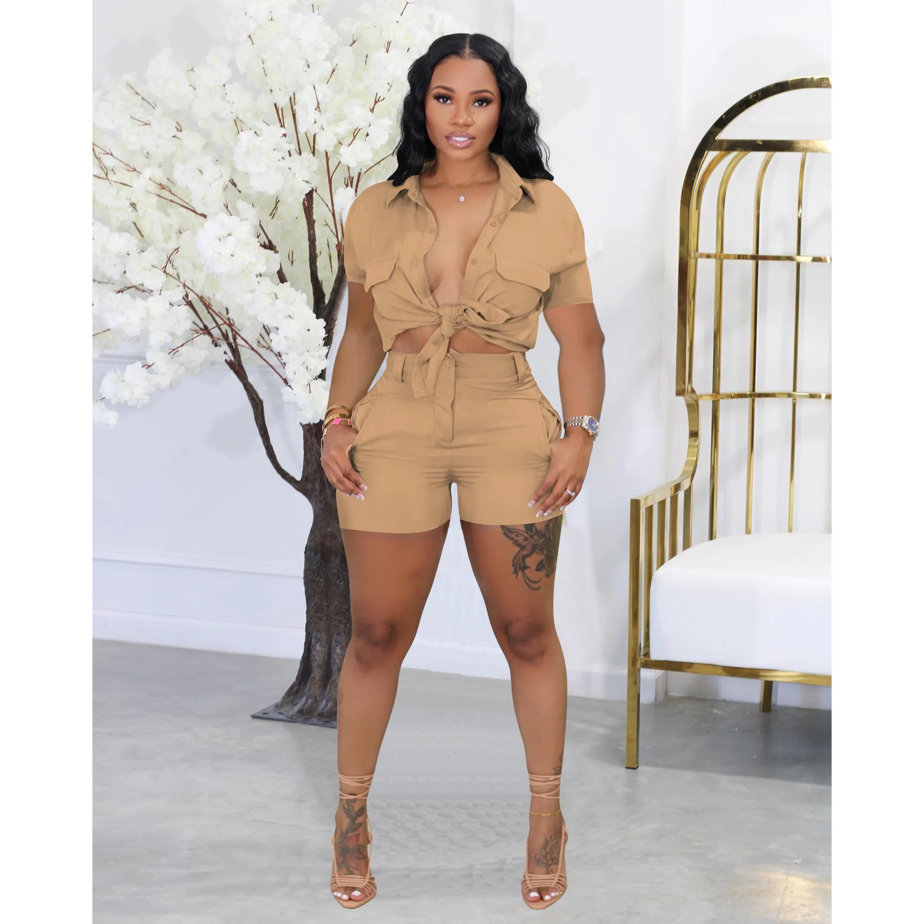 Elegant Sexy Blouse 2 Piece Short Pant Suit Set Outfits Y2K Streetwear 2023 Women Clothes Summer Luxury Two Piece Short Set