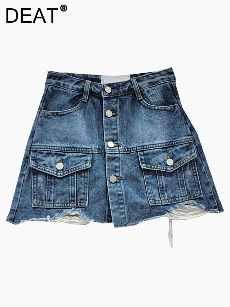 

DEAT Women's Denim Skirt Solid Color Burrs Single Breasted Pockets Cargo A-line High Waist Mini Skirt 2024 Summer New Fashion