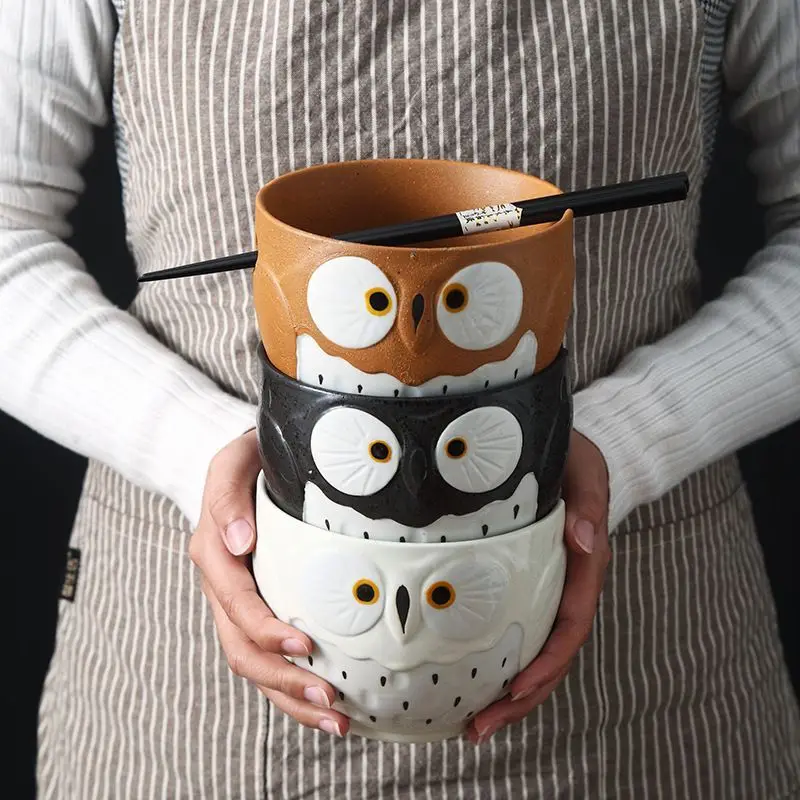 Japanese Owl Chopstick Bowl Single Tableware Household Instant Noodles with Perforated Ceramic Simple Rice Bowl