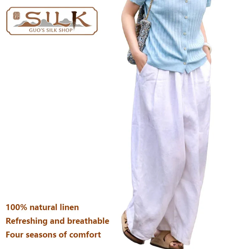 

Natural Pure Linen Women's Pants - Loose Waist, Wide Leg Pants, Suitable for Outdoor Leisure, Breathable and Sweat-Wicking