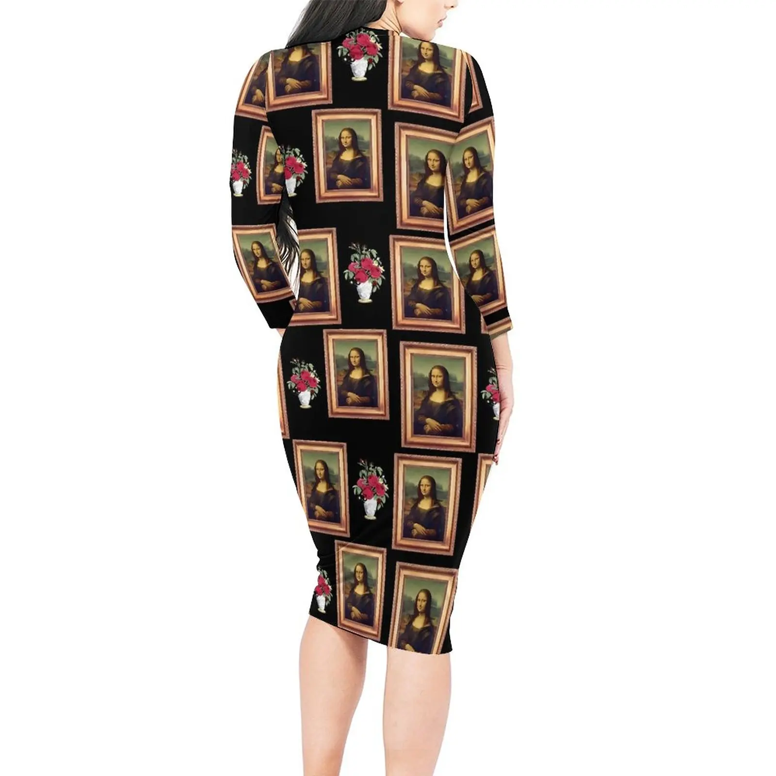 Mona Lisa Bodycon Dress Spring Famous Painting Cute Dresses Womens Long Sleeve Graphic Aesthetic Dress Big Size 4XL 5XL