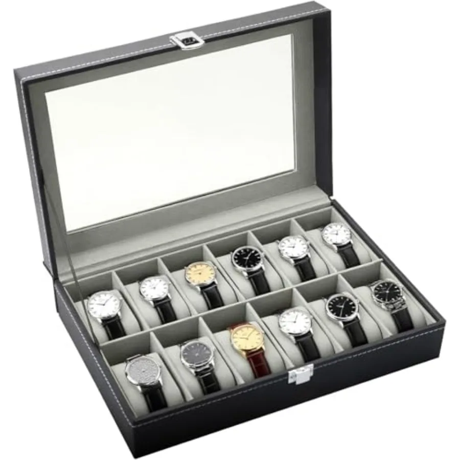 

Watch Box Organizer Slots Upgraded PU Leather Watch Case with Glass Lid, Watch Display Box with Removable Cushions, Watch Stora