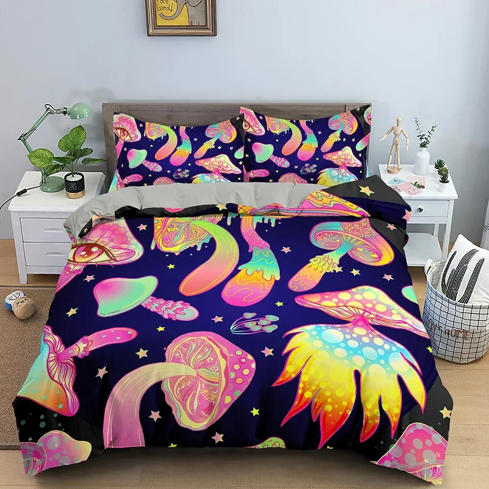 Mushroom Duvet Cover Set Trippy Drawing Hippie Design Psychedelic Bedding Set Comforter Quilt Cover Single Double Queen King 4