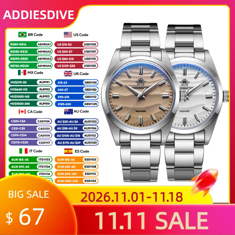 ADDIESDIVE Hot Sale AD2030 Without LOGO Watch Stainless Steel 100M Waterproof Quartz Watches 3D Sand Dial Men's Wristwatch Dress